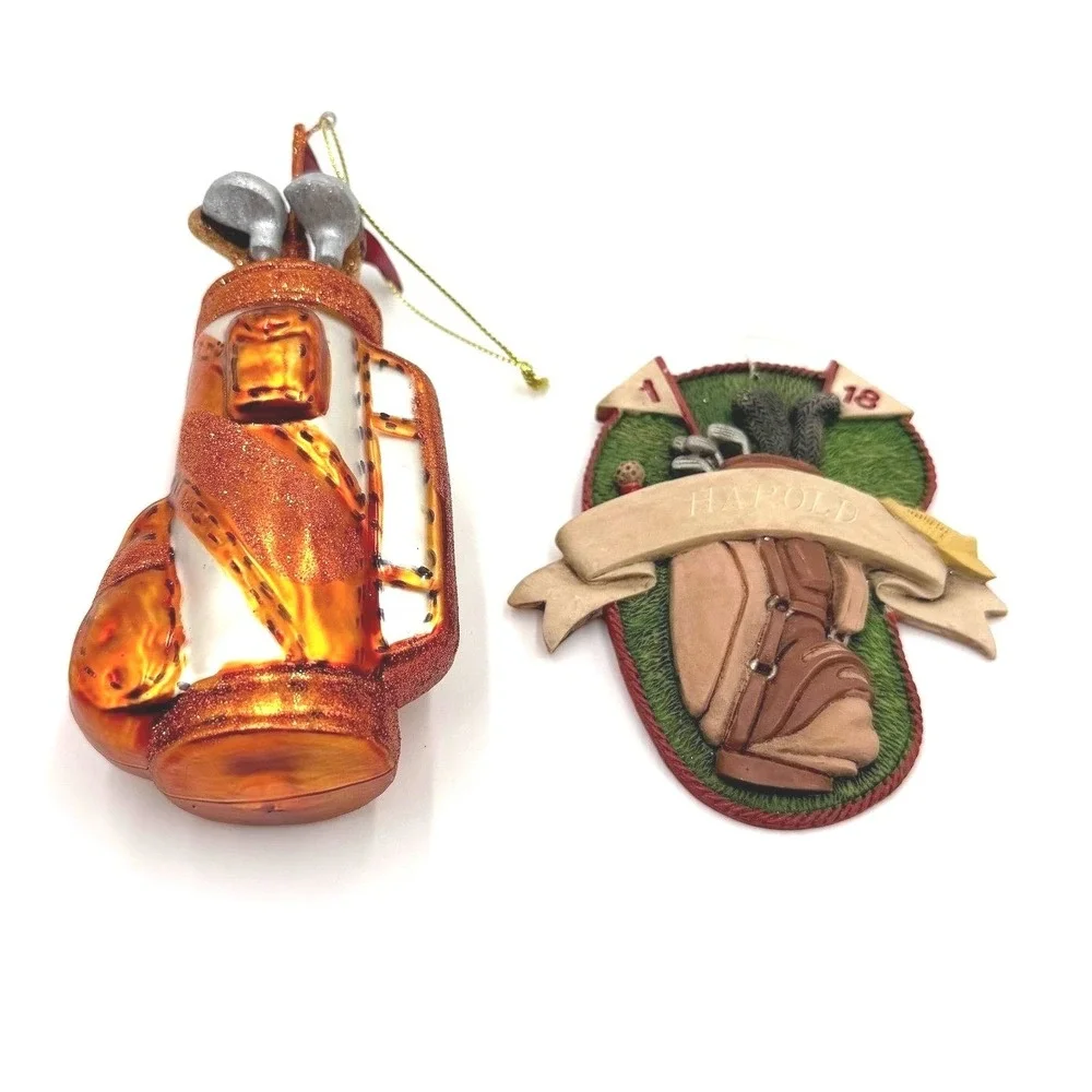 Golf‎ Bag Christmas Ornaments Set of 2 Orange Green Resin Glass